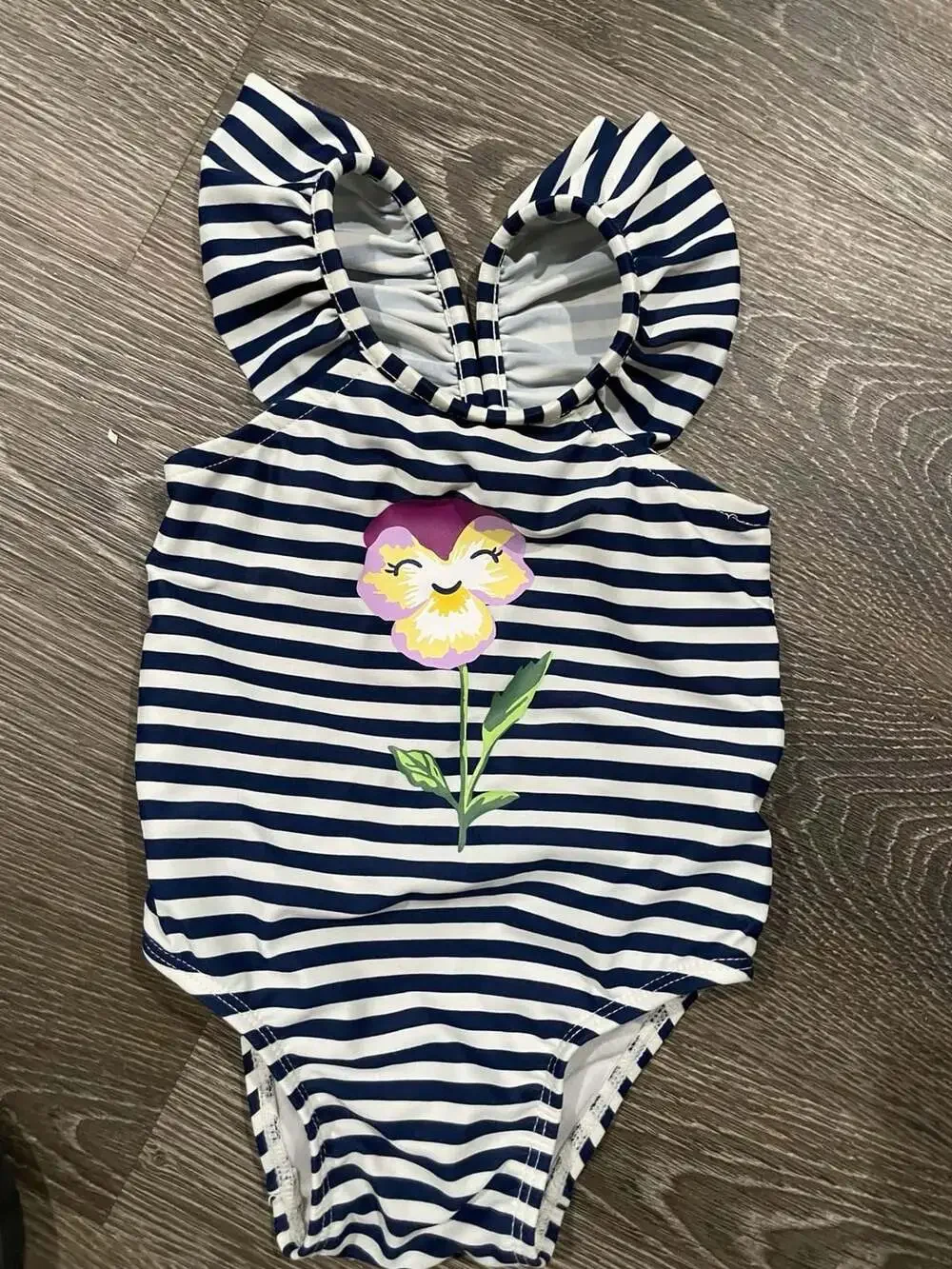Size 6-12 months babyGap Baby Girls Navy and White Striped Ruffle Swimsuit